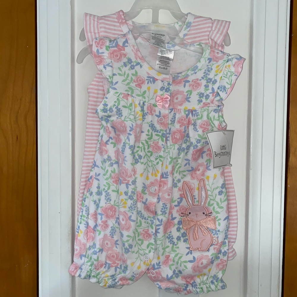 Little Beginnings Floral Bunny Bodysuit - Pink and White